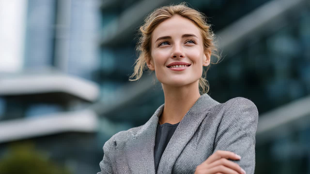 Una giovane donna sorridente e sicura di sé in un ambiente urbano moderno, che dimostra professionalità e sicurezza con un'espressione affascinante e un look contemporaneo