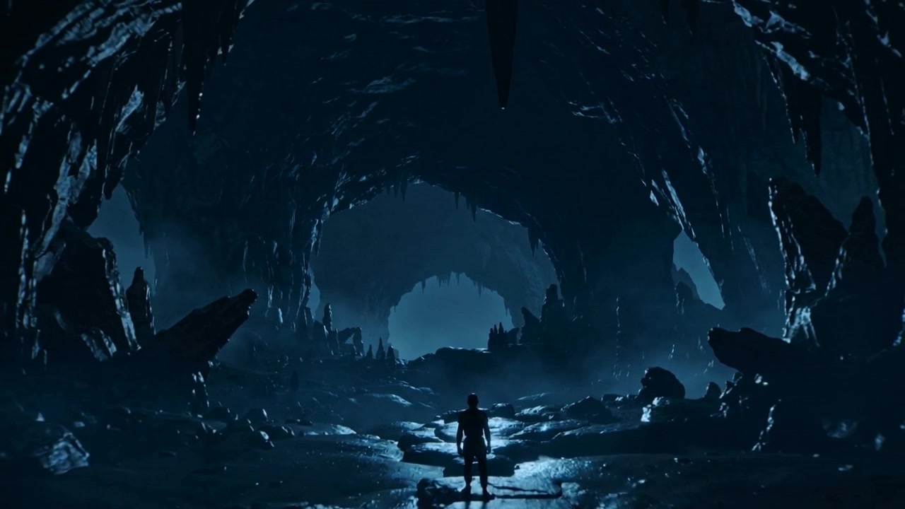 Noticing distant cool light, walking lone traveler in jacket heading to opening among stalactites