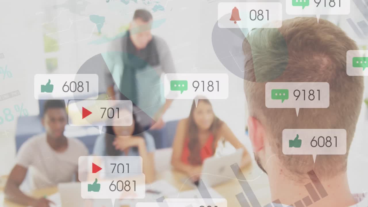 animación de iconos de las redes sociales contra la vista trasera de un hombre caucásico dando una presentación en la oficina