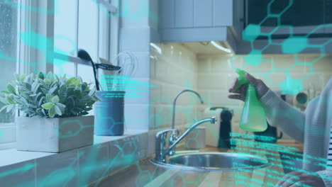 cleaning kitchen sink, person with sponge over digital data and hexagons animation