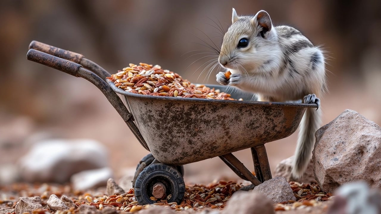 Piccolo roditore che mangia semi all'interno di una carriola arrugginita in miniatura all'aperto.