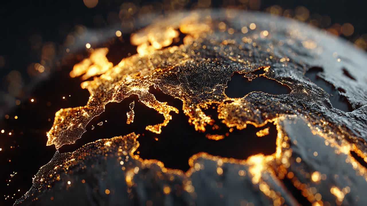 A Captivating Visualization of the Earth Highlighted with Golden Lights: A Stunning Close-Up of Europe's Geographic Features at Night