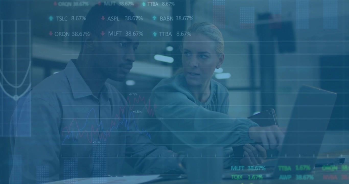 Team gesturing at laptop initiating data overlay morphing line graph while reviewing business data