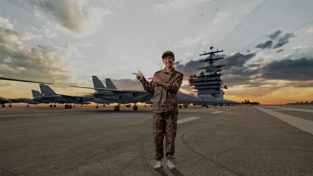 Full Body Of Asian Man Soldier Smiling And Pointing To Side While Standing On Aircraft Carrier