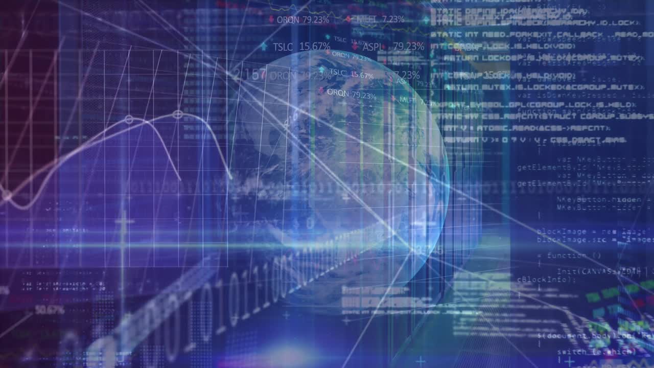 Animation of data processing, graphs and connections over globe in blue space