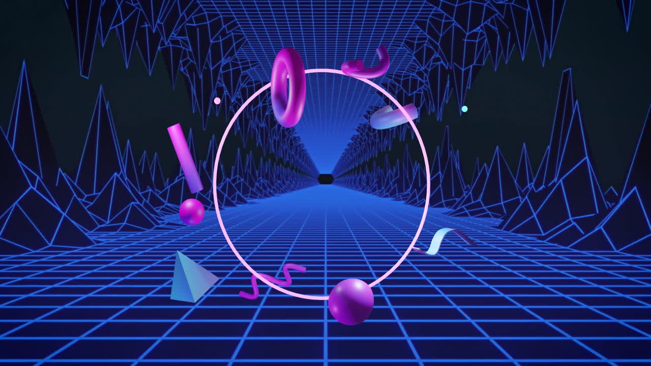 Animation of abstract 3d shapes and grids over dark background