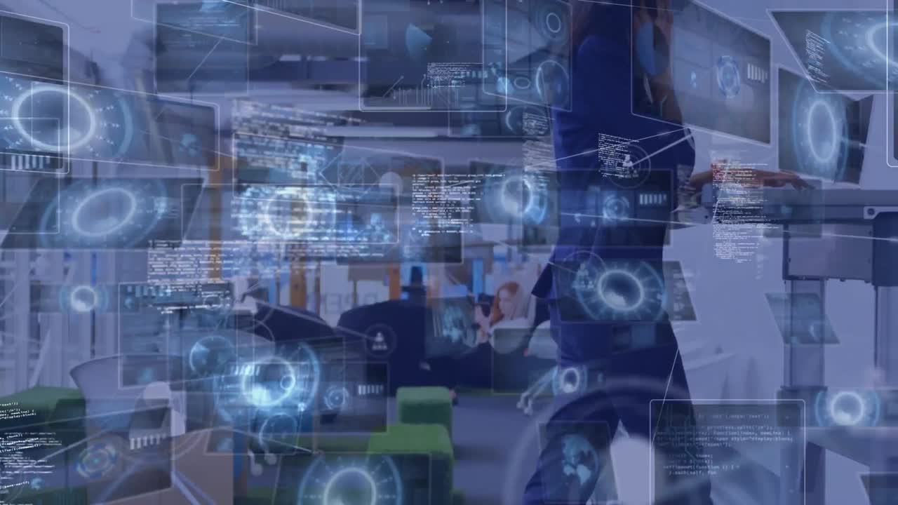 Animation of data processing over woman walking on treadmill, exercising in office