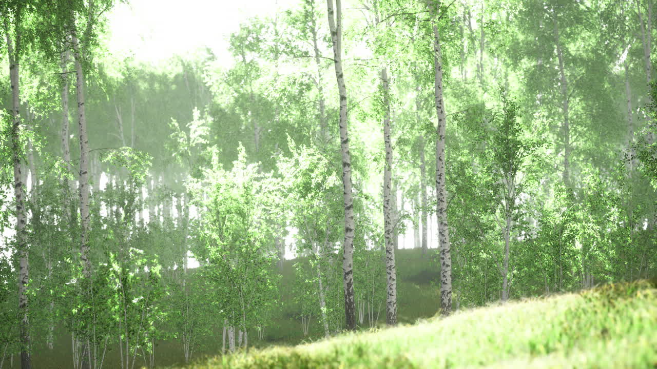 Lush green forest with sunlight filtering through trees during early morning