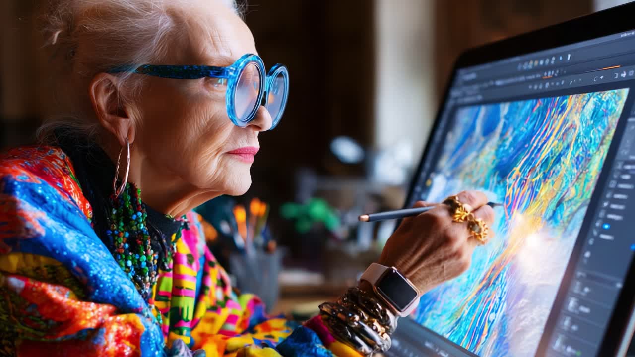 A Creative Senior Artist Engaging in Digital Art Creation on a Modern Screen, Showcasing Vibrant Colors and Unique Style in a Contemporary Workspace, Reflecting Passion and Expertise