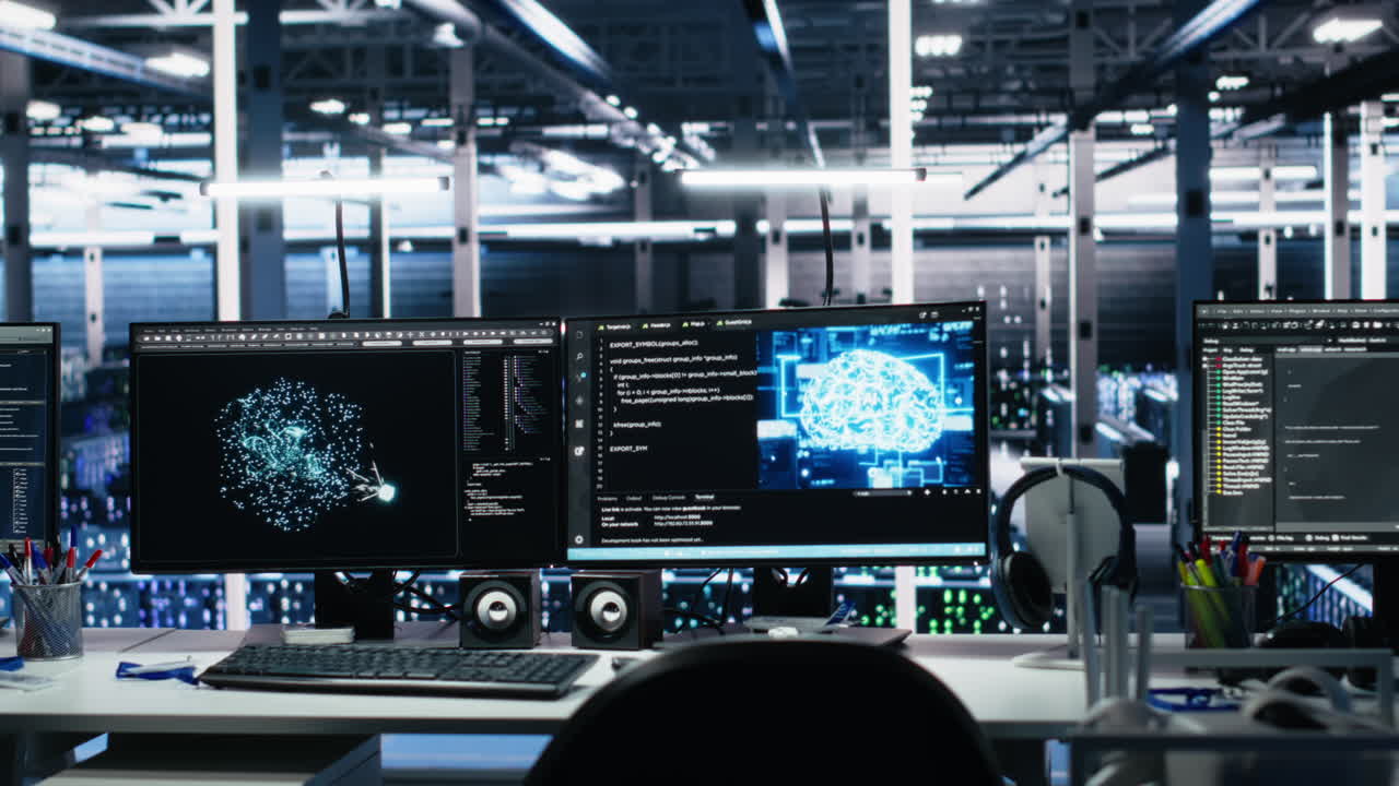 Ai Development Workstations In Data Center Displaying Machine Learning Code