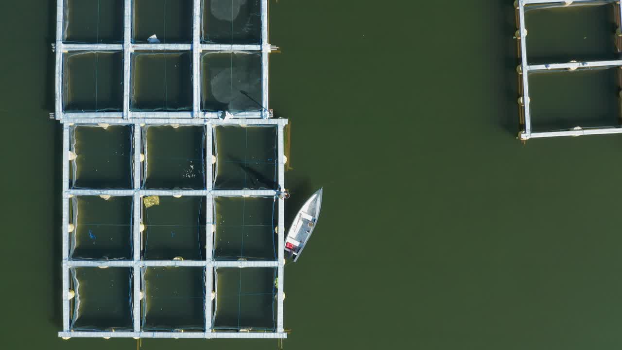 호수에 있는 양어장 위, 보트를 향해 프레임을 걷는 사람, 화창한 날