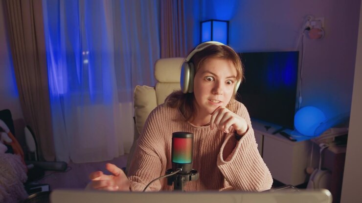 Donna seduta alla scrivania in una stanza accogliente illuminata di blu, con cuffie over-ear, che osserva il monitor con una postura pensierosa, la mano vicino al mento, circondata da attrezzatura da studio casalingo e un arredamento caldo.