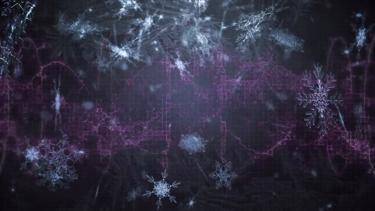 animación digital de iconos de copos de nieve que caen contra la onda digital púrpura sobre un fondo negro