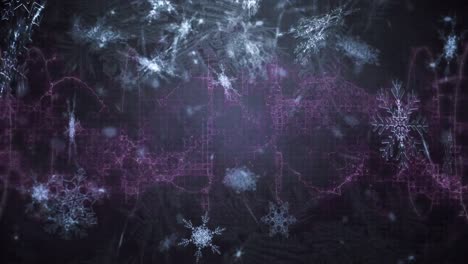 Digital-animation-of-snowflakes-icons-falling-against-purple-digital-wave-on-black-background