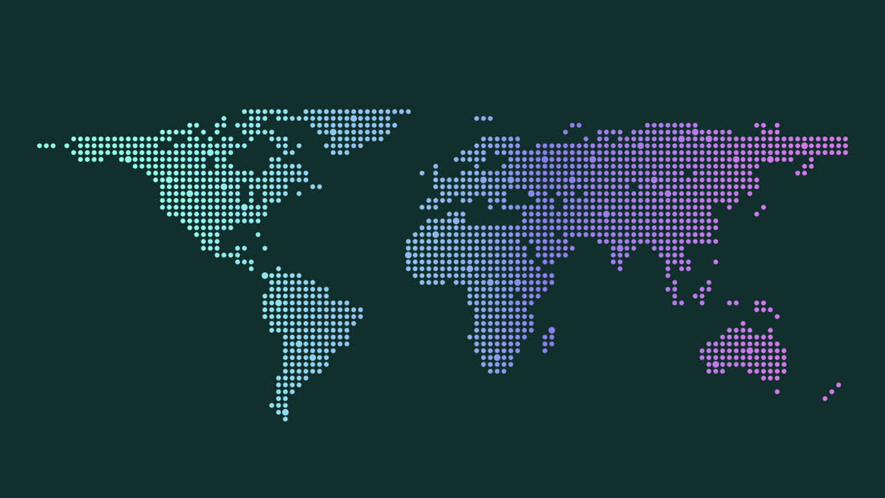 Dotted world map colorful representation with purple, blue, and green dots on black background