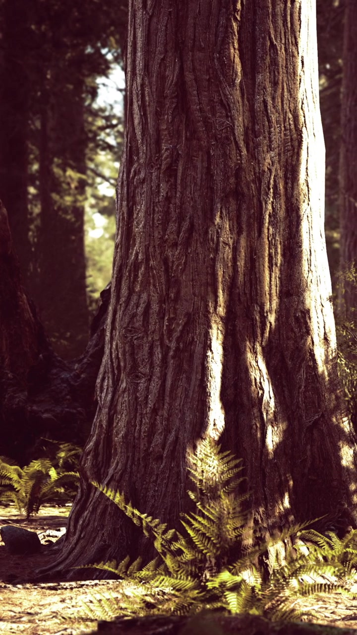 Albero alto si erge nella foresta con la luce del sole che filtra tra i rami.