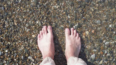 barefoot on the pebbly beach