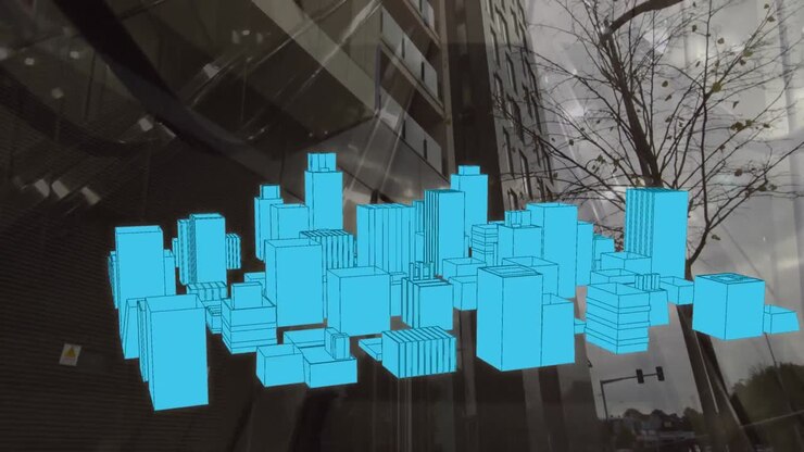 Animazione di disegno di città 3D che ruota su paesaggio urbano.