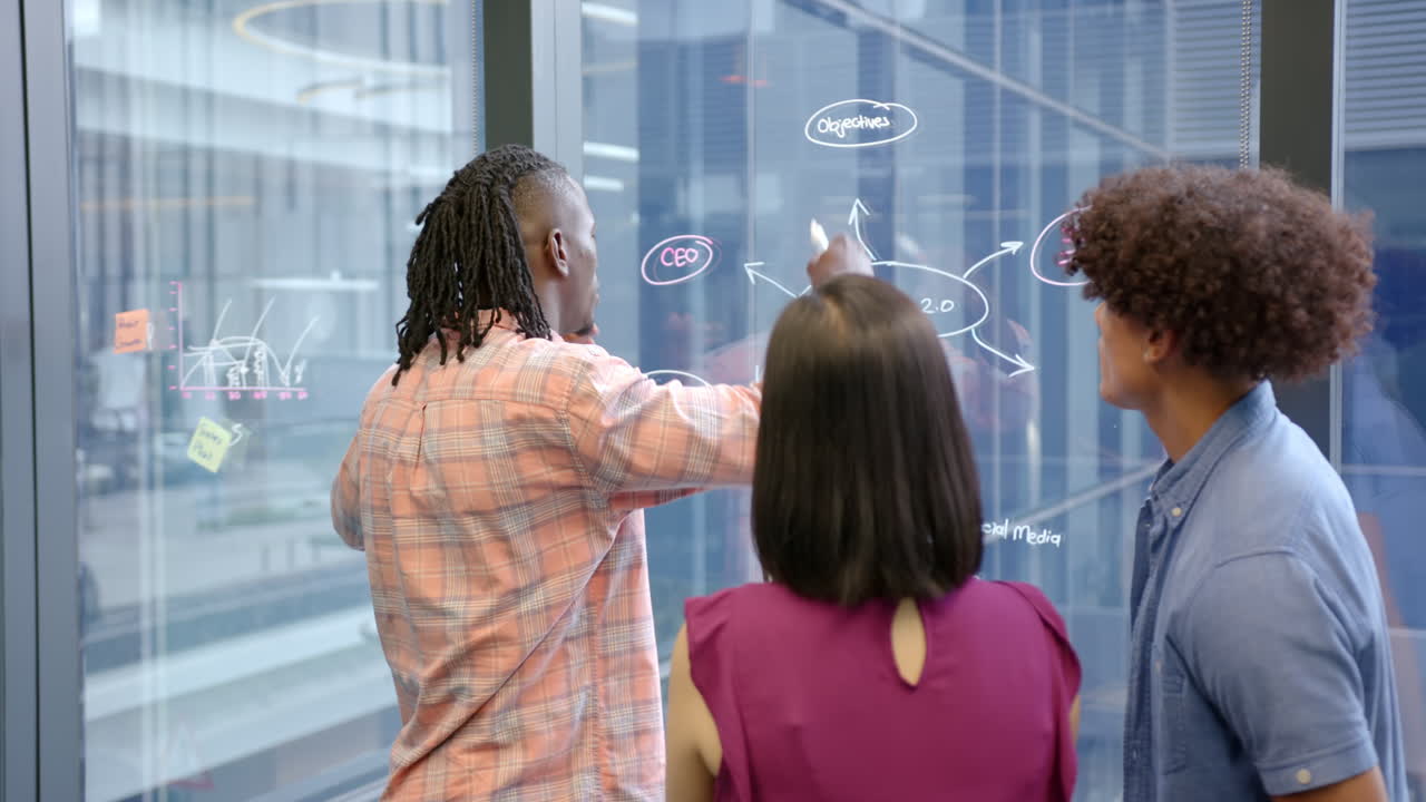 Collaborating in office, diverse team brainstorming and writing on glass board