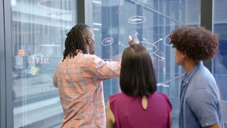 collaborating in office, diverse team brainstorming and writing on glass board