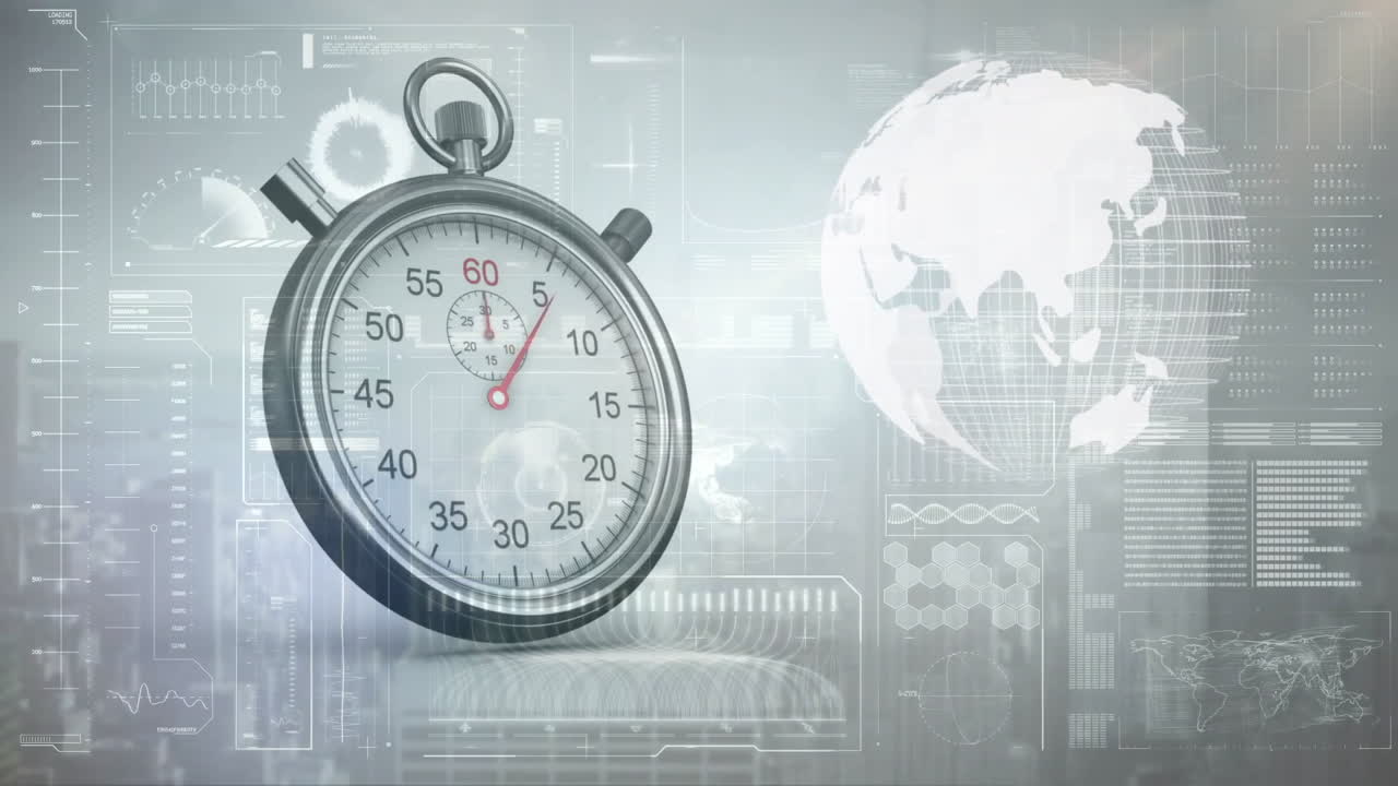 Stopwatch with data processing and spinning globe