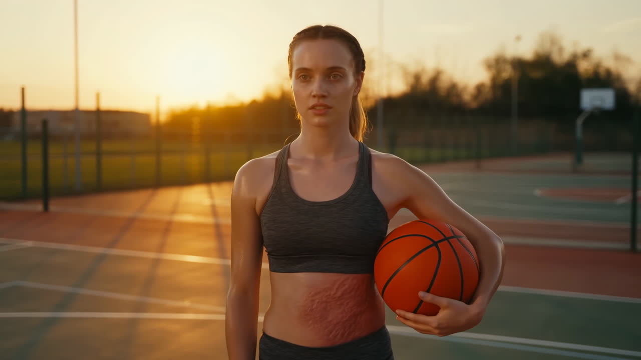 Gün Batımında Sahada Basketbol Oynayan Genç Kadın