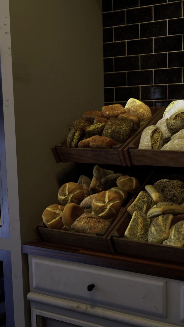 Freshly baked breads displayed in a cozy bakery on a sunny afternoon