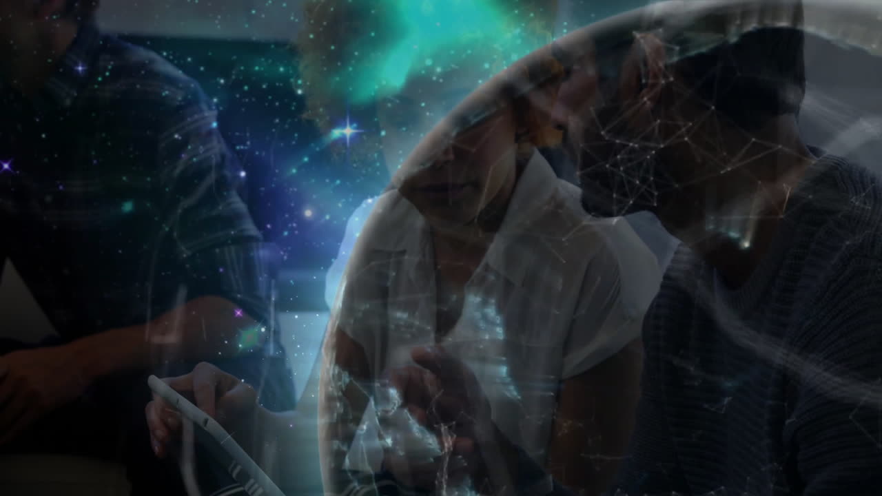 People collaborating in office with galaxy and network connections animation overlay