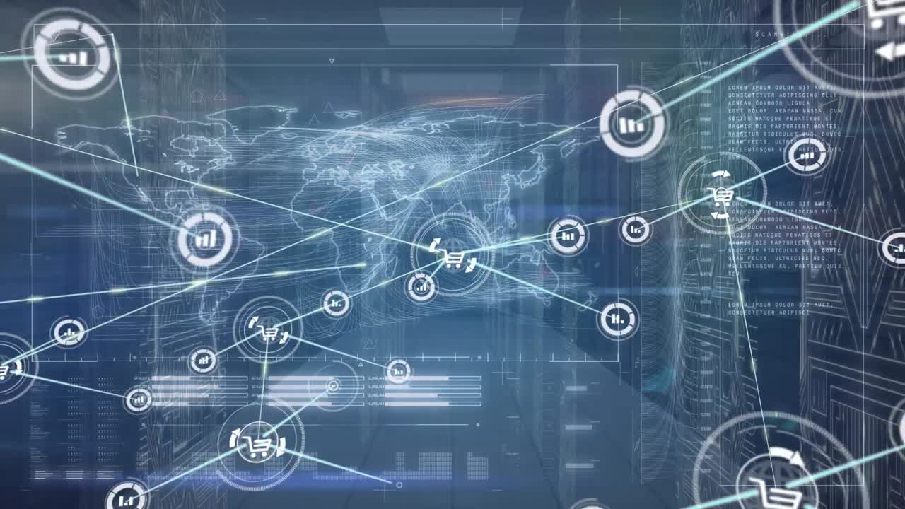 animación del procesamiento de datos sobre iconos de medios