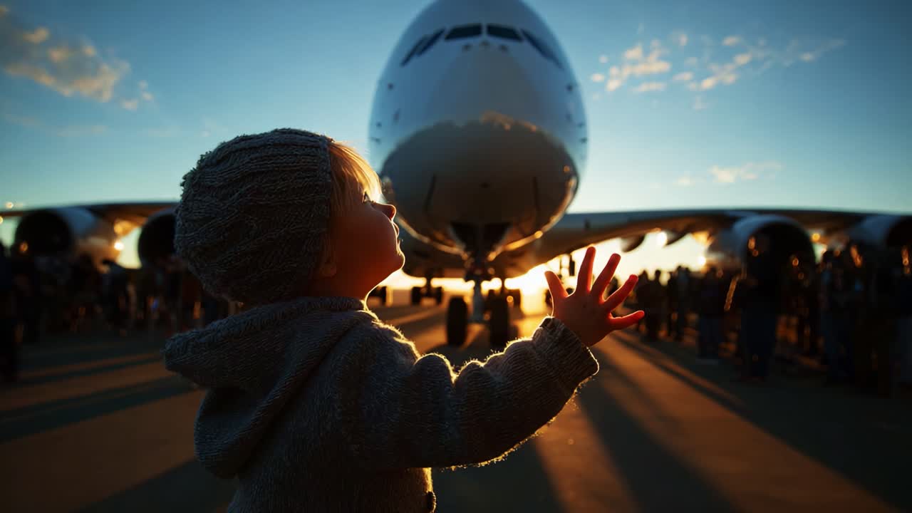 A Child's Enchantment with Aviation: Captivated by the Majestic Airplane, the Little One Reaches Out, Dreaming of Adventure Beneath the Golden Sunset Glow