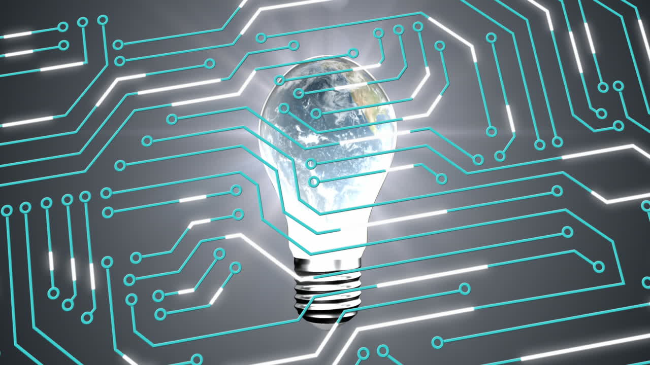 추상적인 배경에 대한 조명된 전구에서 회로판 패턴과 글로브의 애니메이션