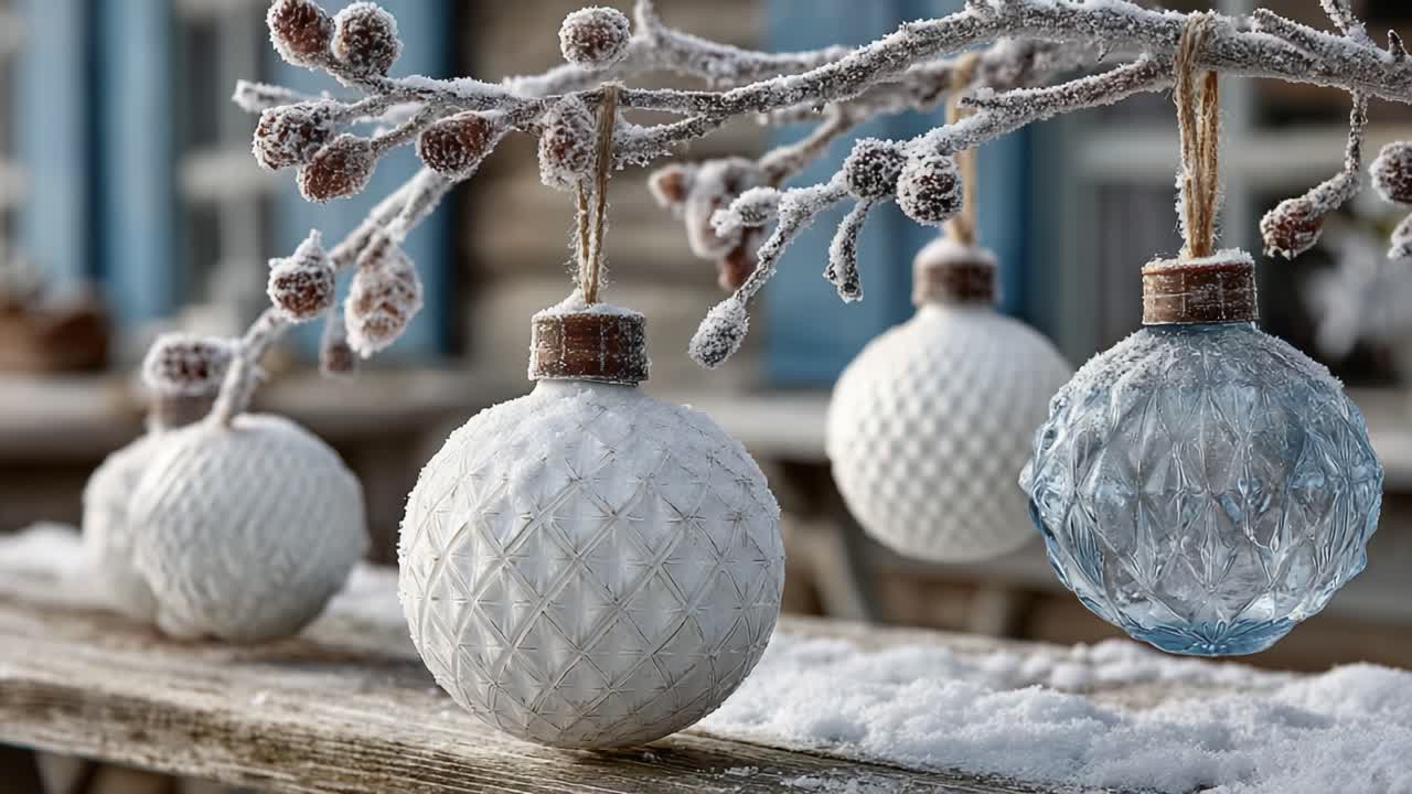 Captivating Winter Decorations: Frosted Christmas Ornaments Gracefully Hanging from a Snow-Laden Branch, Creating a Cozy and Serene Holiday Atmosphere