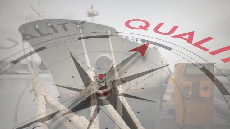 Animation of compass with arrow pointing to quality text over ship in harbour