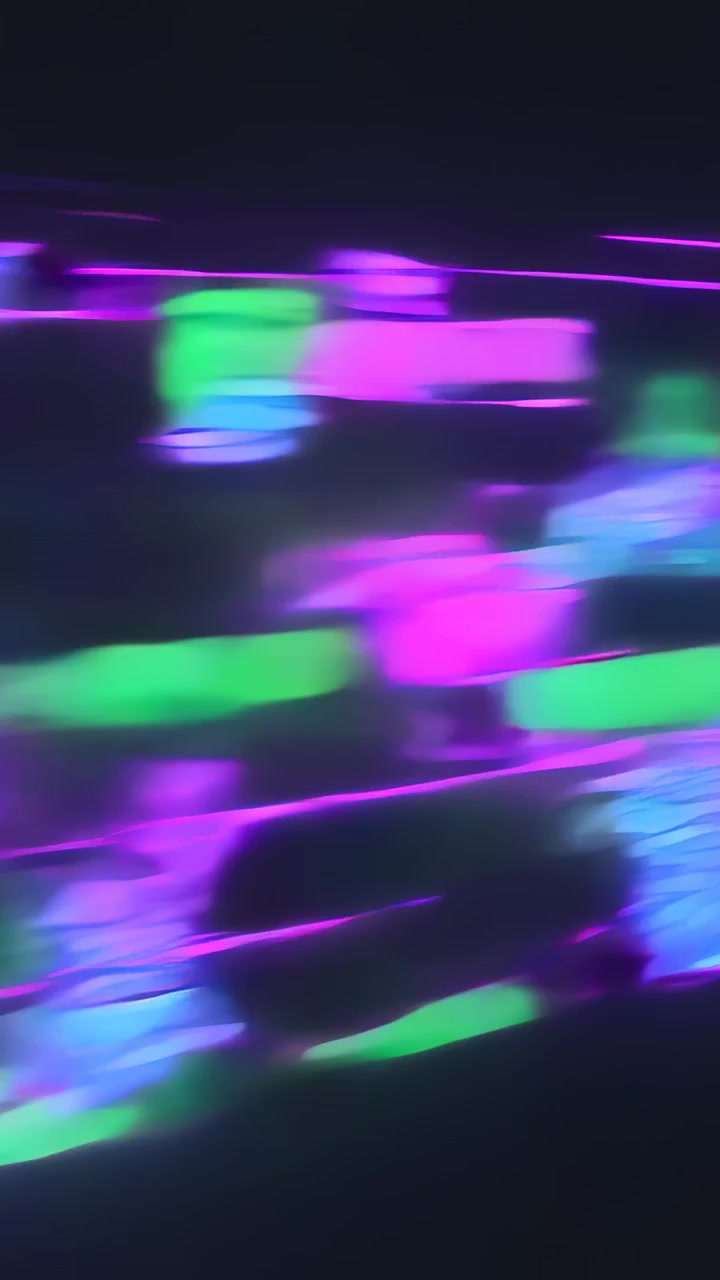 Verticale video: Verschuivende cyaangroene blokken bewegen op donker scherm, telefoonkanteling veroorzaakt magenta lijnen.