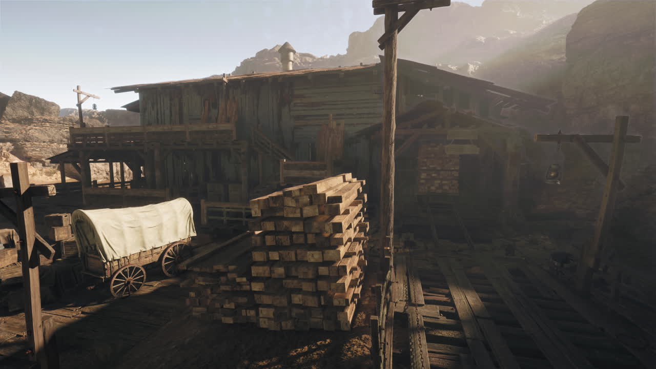 서부 국경 나무 랜치 건설 장면과 마차와 목재