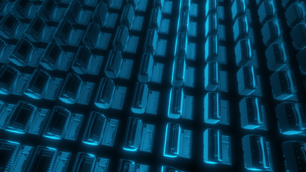 Infinite Symmetrical Rows of Holographic PC Computers - Abstract 3D Animation