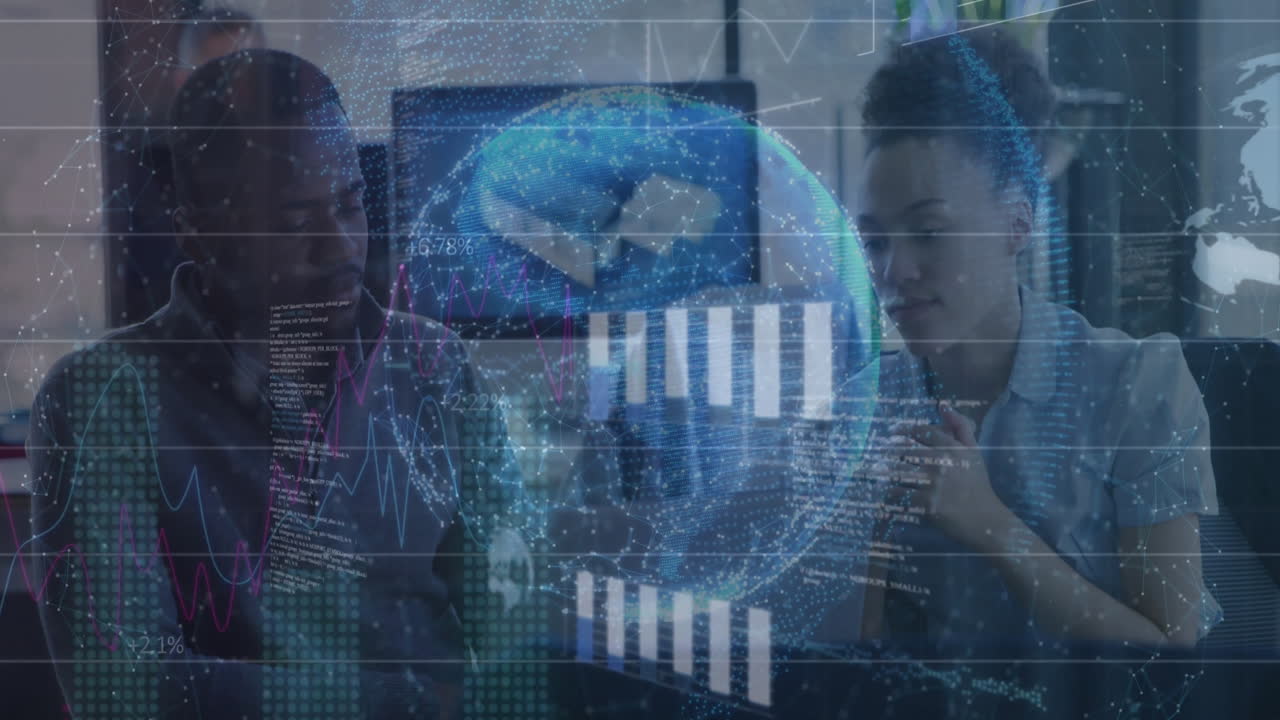 Animation of graphs and globe moving over diverse colleagues discussing over laptop in office