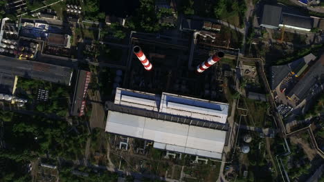 Drone-view-chimneys-on-electric-power-plant.-Industrial-pipes-on-heating-station