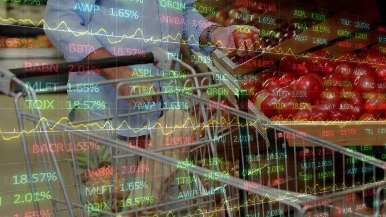 Senior shopper reaching for apple, checking before buying while market tickers moving across frame