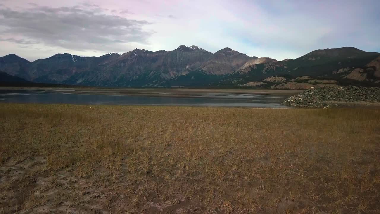 hermoso vuelo hacia atrás majestuoso sobre la hierba del valle de verano en el paisaje salvaje de yukón por el lago kluane y la cordillera en el fondo en el día soleado del cielo azul, canadá, retroceso aéreo superior