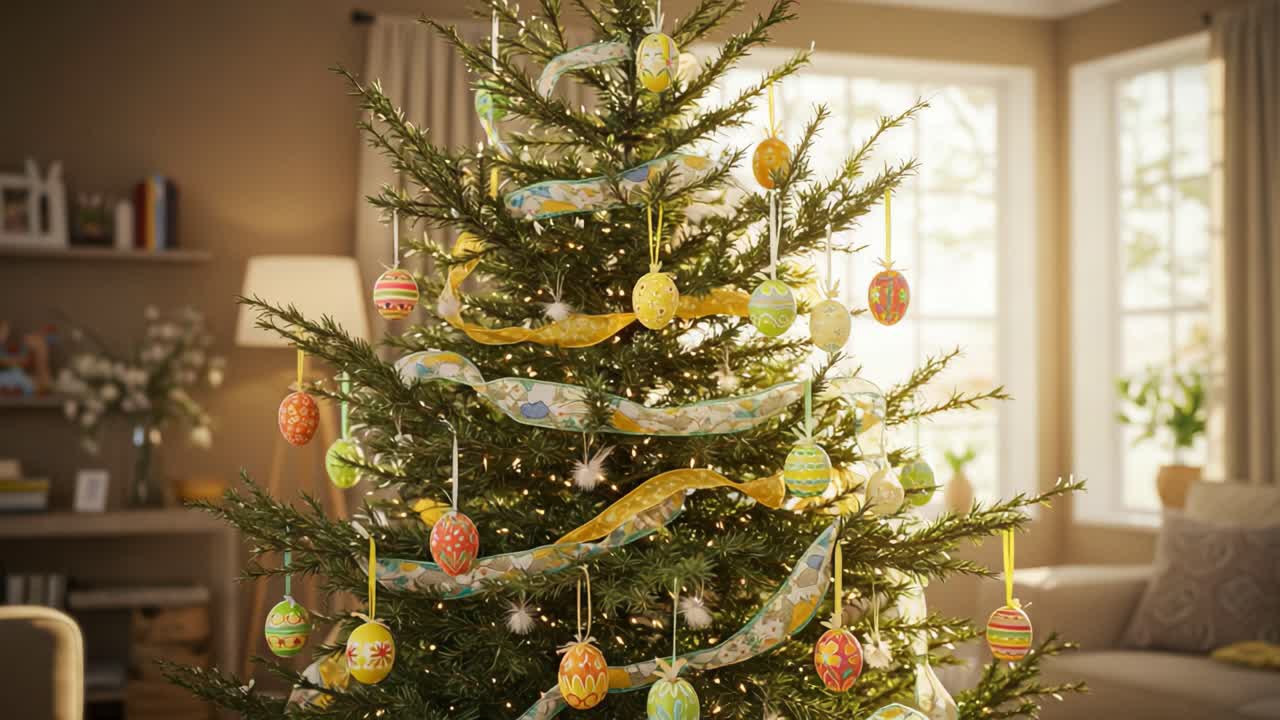 A Beautifully Decorated Christmas Tree Adorned with Colorful Ornaments and Ribbons, Creating a Warm and Festive Atmosphere in a Cozy Living Space
