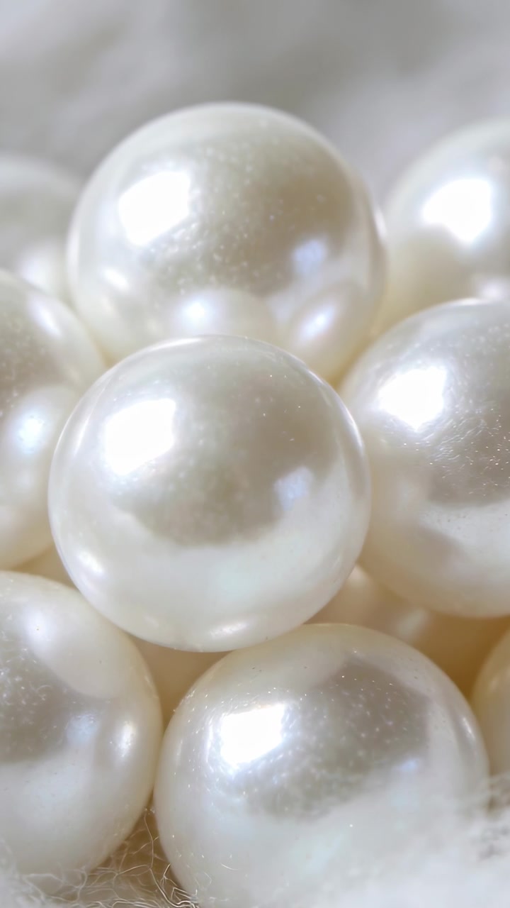 Video verticale: Luci cangianti creano riflessi su un grappolo di perle su tessuto bianco per mostrare la lucentezza.