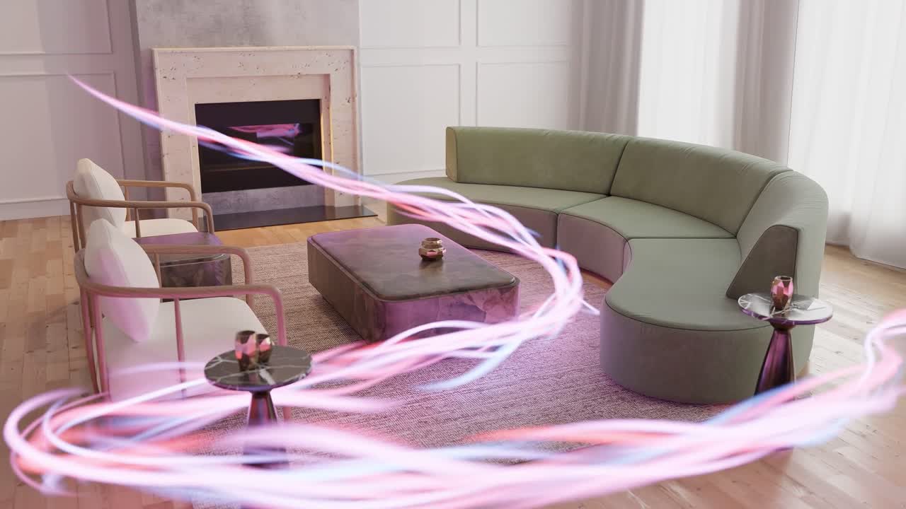 moderno soggiorno appartamento con flusso di energia 3d rendering animazione interior design concetto casa intelligente