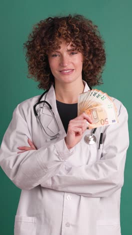 Happy young woman doctor showing currency notes. Vertical footage
