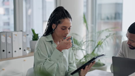 drink, coffee and business woman with research