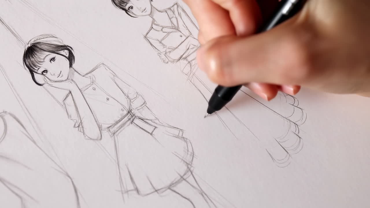 Primo piano di una mano che disegna un bozzetto di design di moda su carta