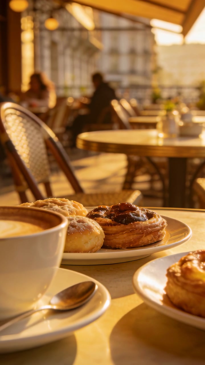 Vertical video: Cup and pastry sitting front, focus shifting and sunlight sweeping promoting cafe