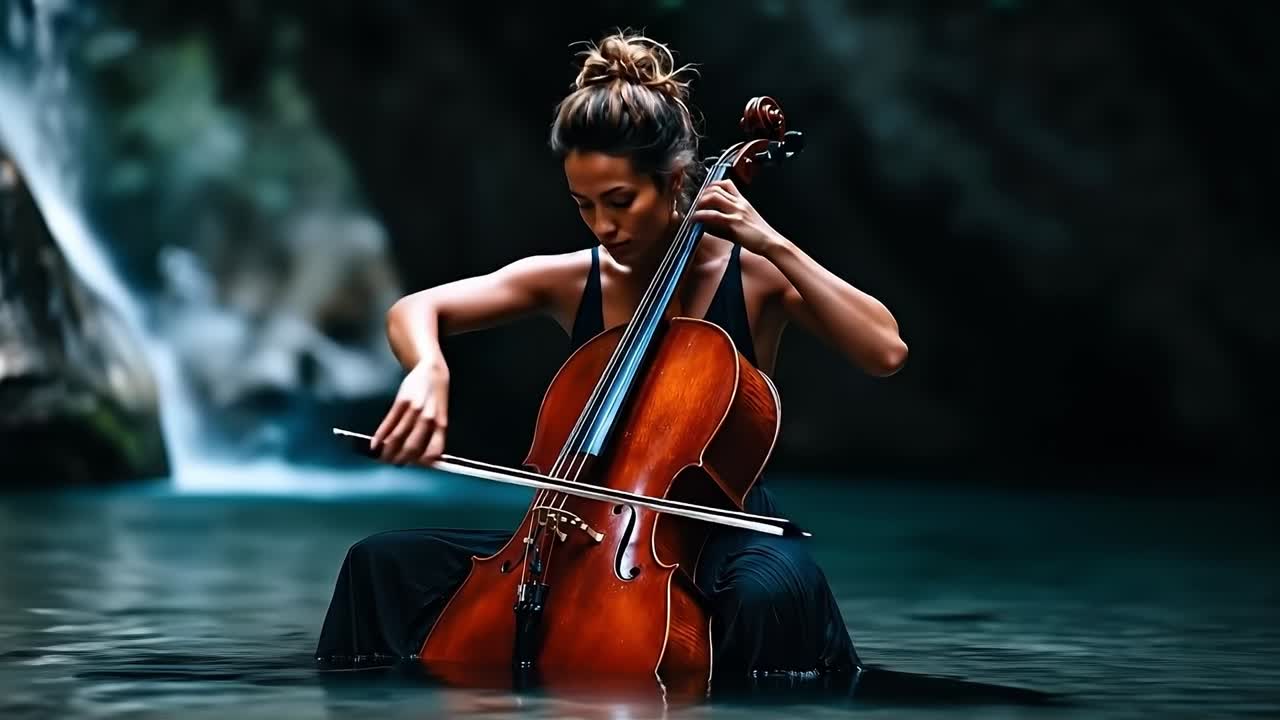 A woman playing a cello in the water near a waterfall