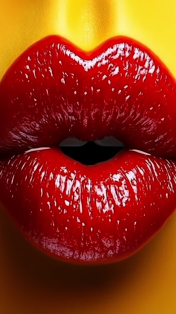 Labbra rosse lucide catturano l'attenzione. Primo piano di labbra rosse lucide su uno sfondo giallo brillante, che mette in risalto un look accattivante con colori vivaci