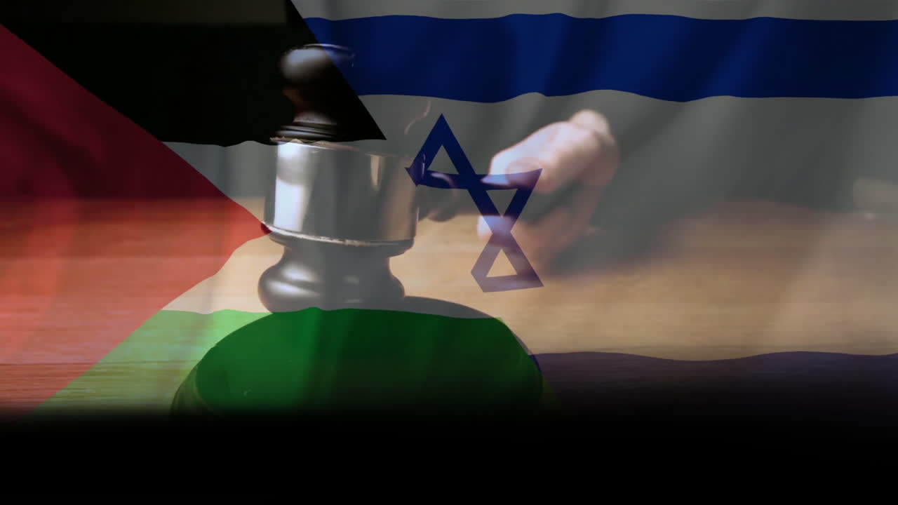 Animation of flags of palestine and israel over caucasian male judge using gavel